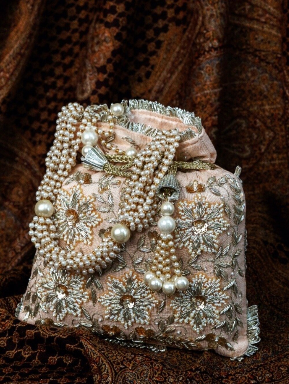 Embellished Soft Peach(Salmon Pink) Drawstring Beaded Evening Bag